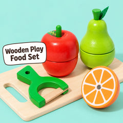 Wooden Play Food Set: chopping board with apple and pear halves, half orange and toy knife