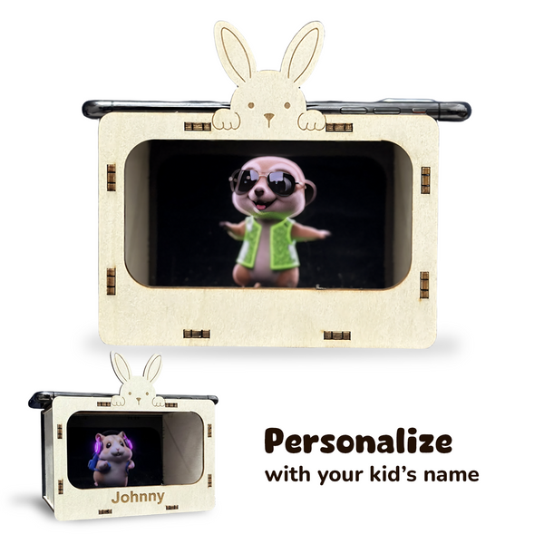 A wooden bunny-shaped hologram DIY box displaying 3D animal characters, personalized with engraved names like “Johnny.” Montessori-inspired keepsake toy made from smooth, non-toxic wood for kids’ creative play.
