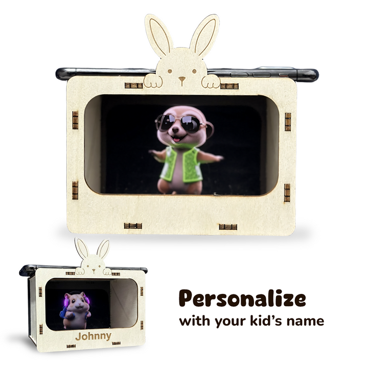 A wooden bunny-shaped hologram DIY box displaying 3D animal characters, personalized with engraved names like “Johnny.” Montessori-inspired keepsake toy made from smooth, non-toxic wood for kids’ creative play.